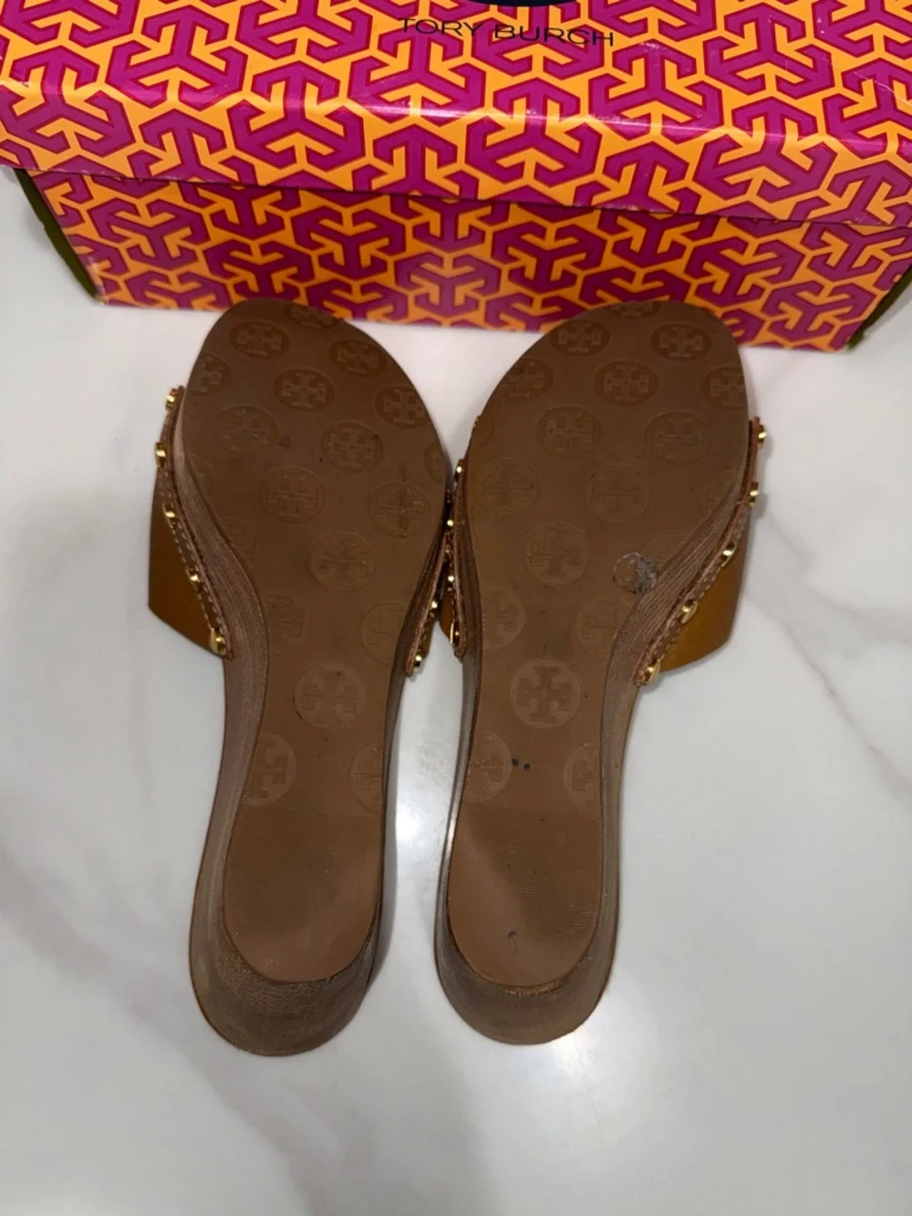 Tory Burch Cognac Leather Wedge Slide Sandals